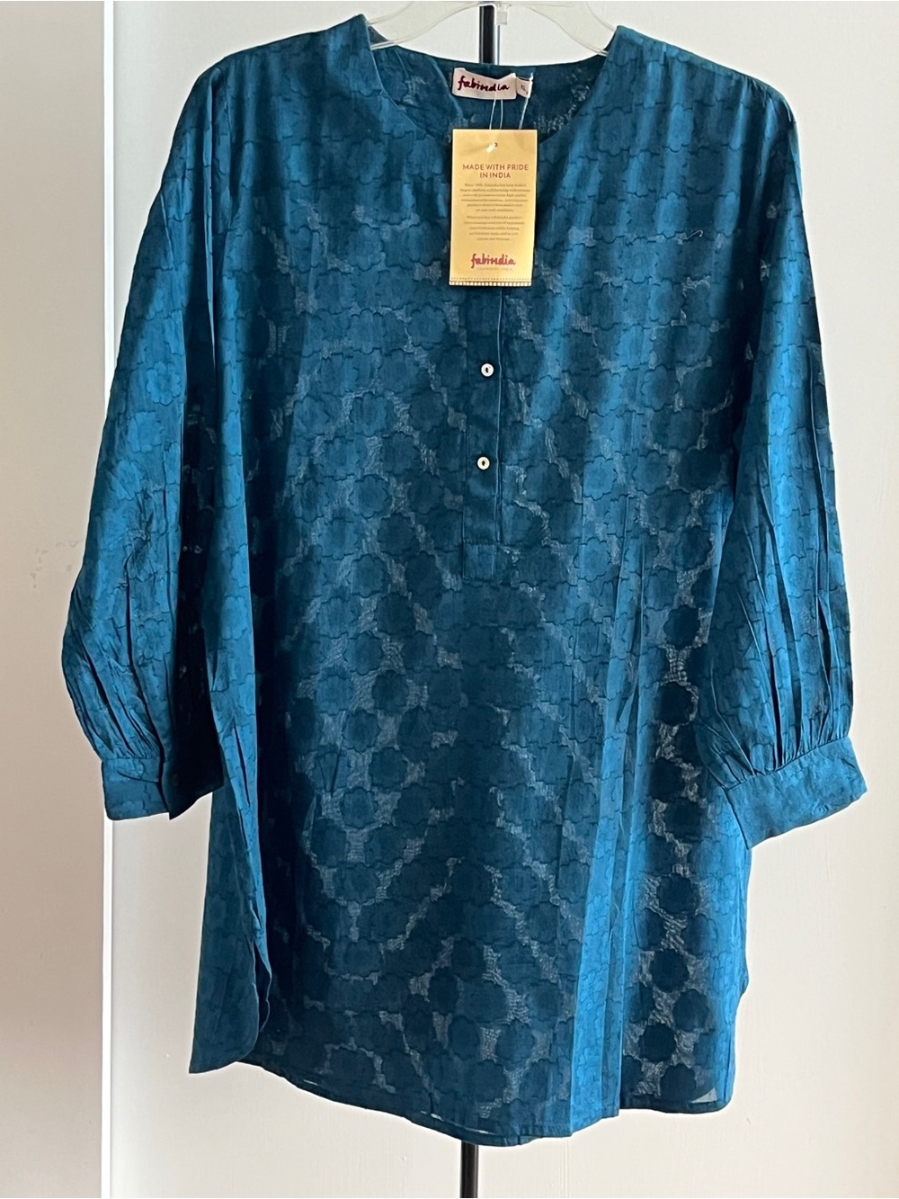 NWT Fabindia Kurta Tunic Top Kurta Dress 100% Cotton Turquoise Teal Cobalt Blue